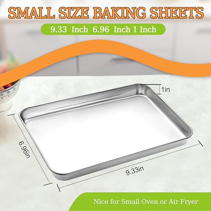 Small Baking Sheet of 2, CEKEE Stainless Steel Baking Pan Tray Cookie Sheet, Size 9 X 7 X 1 inch, Healthy & Non Toxic, Rust Free & Mirror Finish, Easy Clean & Dishwasher Safe