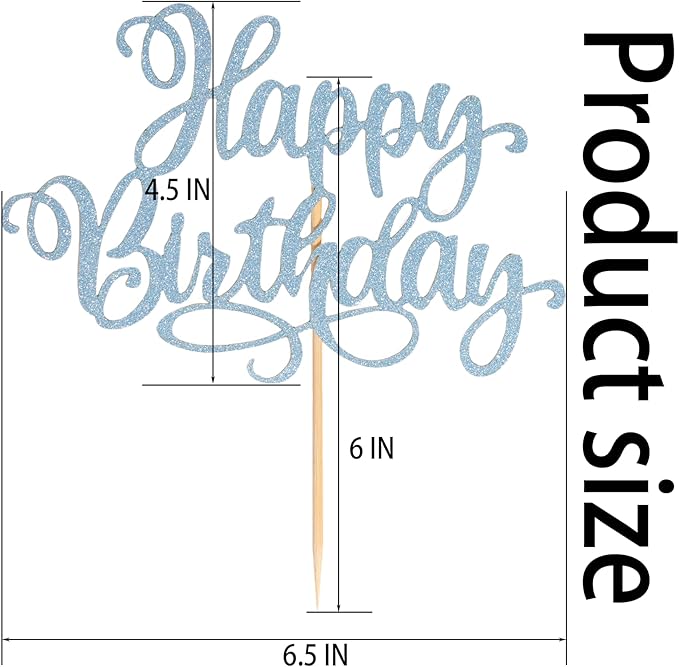 Happy Birthday Cake Toppers 9 Inch Glitter Happy Birthday Cake Pick for Birthday Anniversary Theme Party Cake Decorations Supplies - Litht Blue