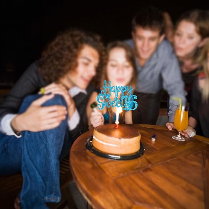 Gyufise 1Pc Happy Sweet 16 Cake Topper Glitter 16th Birthday Cake Pick for Cheers to 16 Years Old 16th Birthday Party Cake Decorations Supplies Light Blue