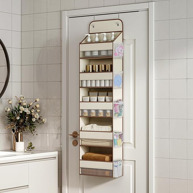 LAMU 1 Pack Over the Door Organizer Hanging with 5 Large Pockets and 10 Mesh Pockets, 44lb Over the Door Storage for Closet, Nursery and Bathroom, Behind the Door Storage with Clothes and Toys, Beige