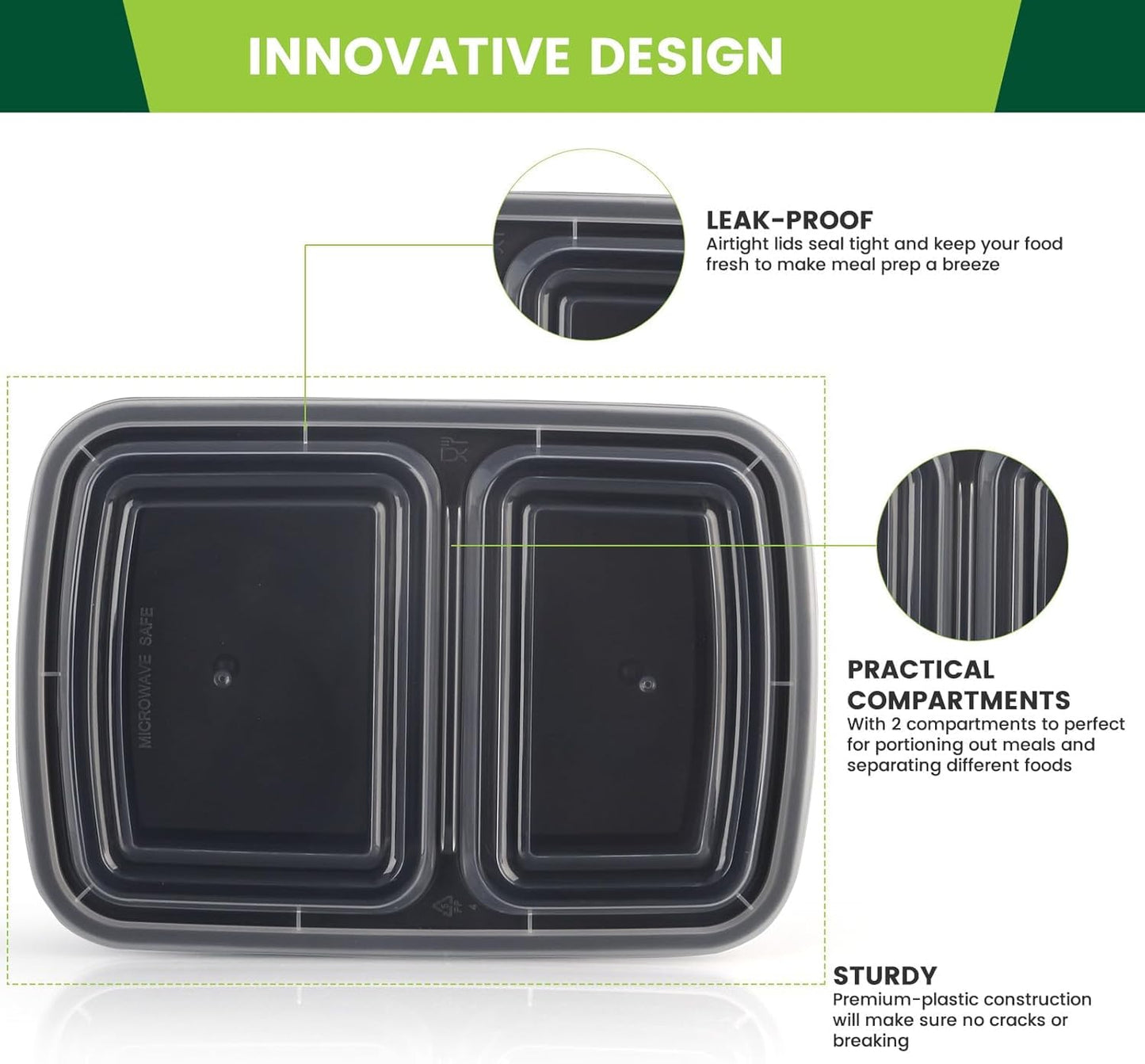 Meal Prep Containers 50 Pack - 2 Compartment Food Containers with Lids, To Go Food Containers BPA-Free, carry out Container With Lids Microwave, Dishwasher, Freezer Safe 30 oz