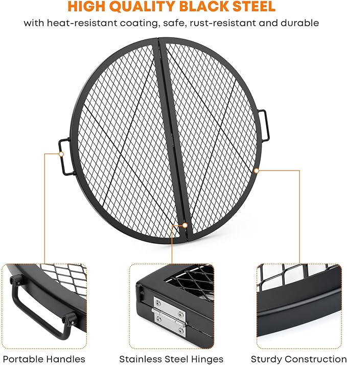 Stanbroil X-Marks Fire Pit Cooking Grate, Foldable Round Grill Grate with Handles, 30 Inch Portable Outdoor Campfire BBQ Grill, Black