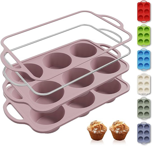 2 Packs 6 Cups Silicone Muffin Pan with Metal Reinforced Frame Jumbo Size Cupcake Pan Tray Egg Bites Silicone Circle Cookie Molds Muffin Tin Tart Pans Baking Sheet Set for Breakfast Sandwiches