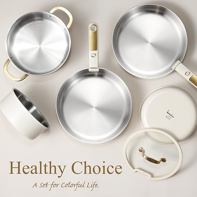 CAROTE 19pcs Tri-Ply Stainless Steel Cookware Set with Detachable Handle, Pots and Pans Set, Induction Kitchen Cooking Sets, RV/Camping Cookware, Outer Ceramic Layer, Oven Safe, Cream White