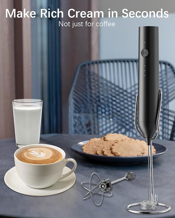 Rechargeable Milk Frother with Stand, Electric Frother Wand Handheld Coffee Foam Maker Detachable Stainless Steel Whisk Drink Mixer Foamer for Latte, Cappuccino, Hot Chocolate, Egg (Black)