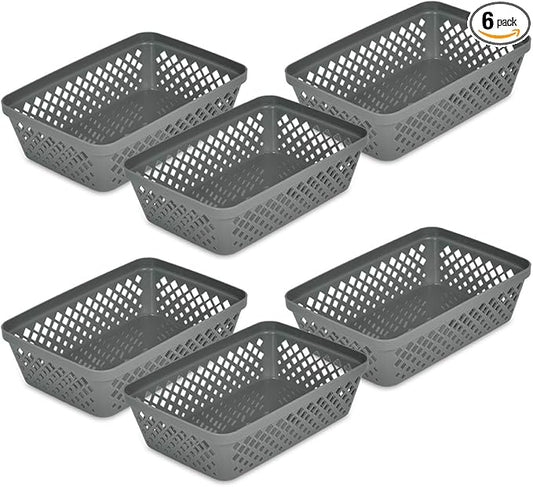 Glad Plastic Storage Basket Set - Multipurpose Drawer Trays, Kitchen Pantry Containers, and Bathroom Bins - 6 Pack Medium Organizers, Grey