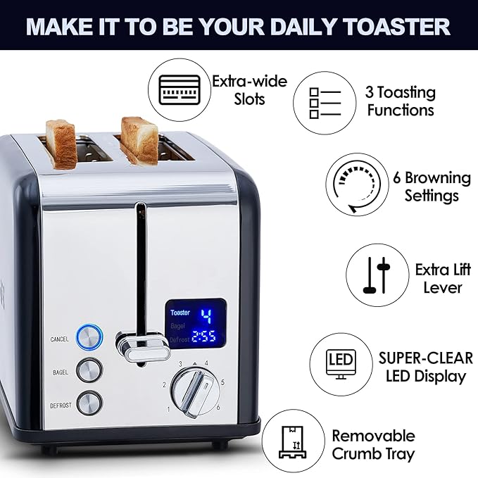 CUSIMAX Stainless Steel 2 Slice Toaster with LED Display, Extra-wide Slots, 6 Browning Settings, Cancel/Bagel/Defrost, Removable Crumb Tray, Black