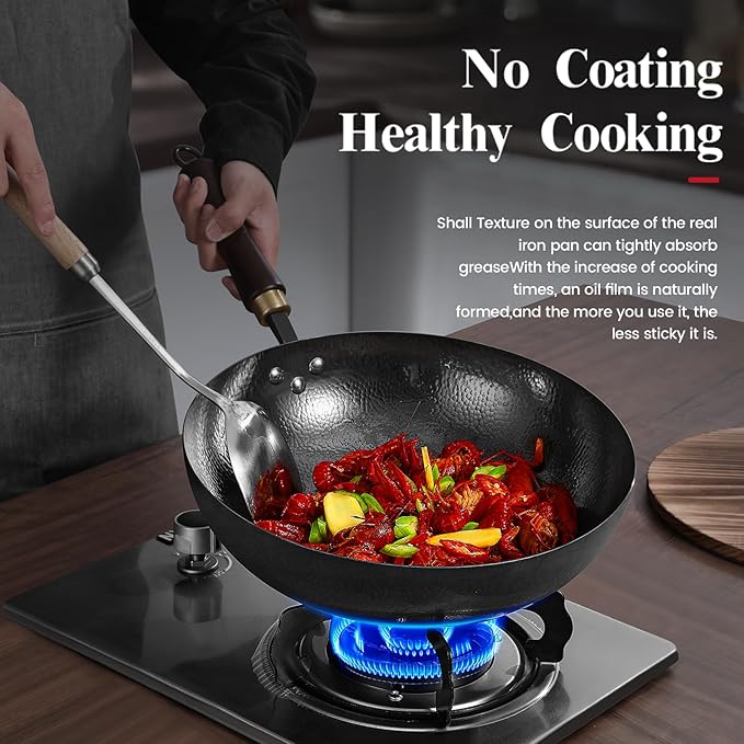Carbon Steel Pan, 12.6″ Woks & Stir-Fry Pans with Wooden Lid Cookwares, Nonstick Wok, No Chemical Coated Round Bottom Hand Hammered Chinese Wok For Gas