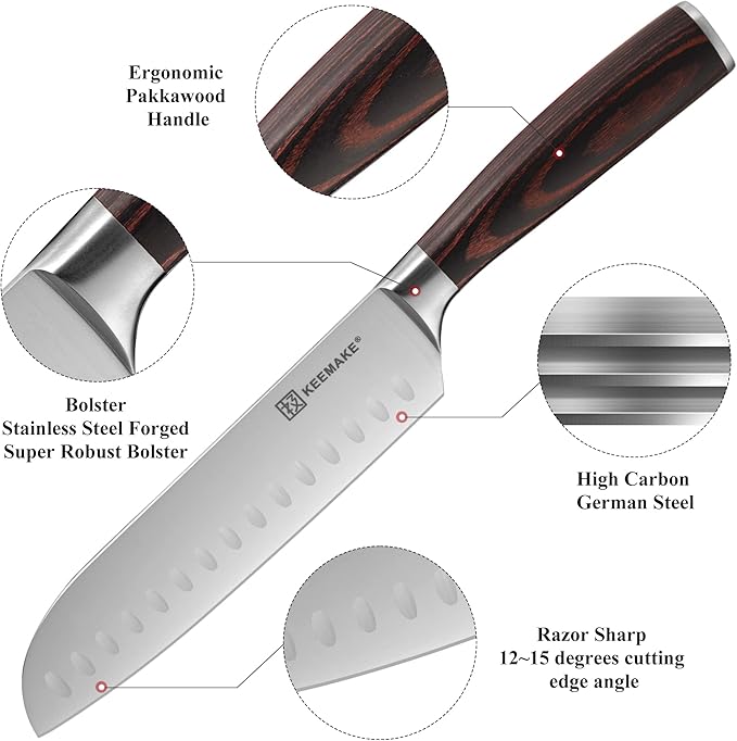 KEEMAKE Santoku Knife Set of 2pcs, Japanese Chef Knife Sets with German High Carbon Stainless Steel 1.4116 Kitchen Knives, Pakkawood Handle Knife for Kitchen