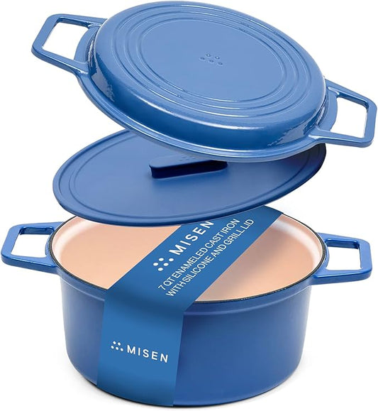 Misen 7 QT Enameled Cast Iron Dutch Oven - Chip-Resistant Enamel Coating - Thick Iron Core For Heat Retention - Large Cooking Surface - Oven Safe, Induction Compatible - Grill and Silicone Lid, Blue