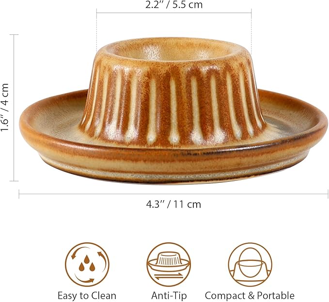 INGOFIN 2 Pcs Ceramic Egg Cups, Soft Boiled Egg Holders Set, Classic Porcelain Stackable, Easy to Clean Tray, Decorative Serving Dish for Breakfast, Easter or Kitchen, Brown