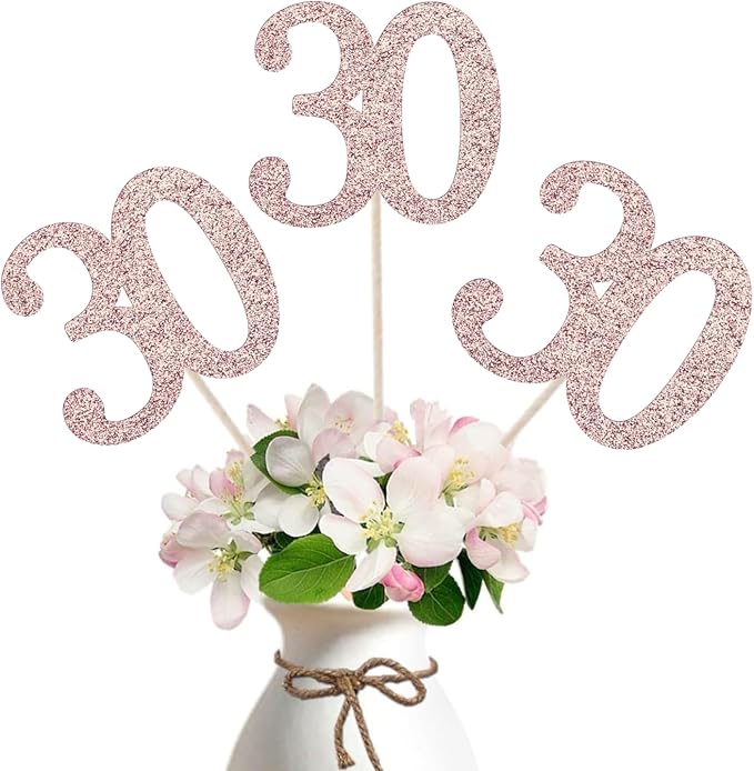 10-Pack Double Sided Glitter 30th Birthday Centerpiece Anniversary Centerpiece Sticks, Number 30 Table Topper Cake Topper for 30th Birthday Anniversary Table Party Decorations (Double Sided rose gold)