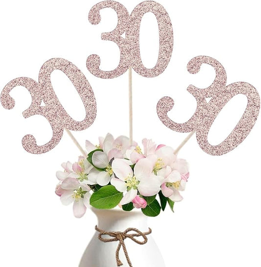 10-Pack Double Sided Glitter 30th Birthday Centerpiece Anniversary Centerpiece Sticks, Number 30 Table Topper Cake Topper for 30th Birthday Anniversary Table Party Decorations (Double Sided rose gold)