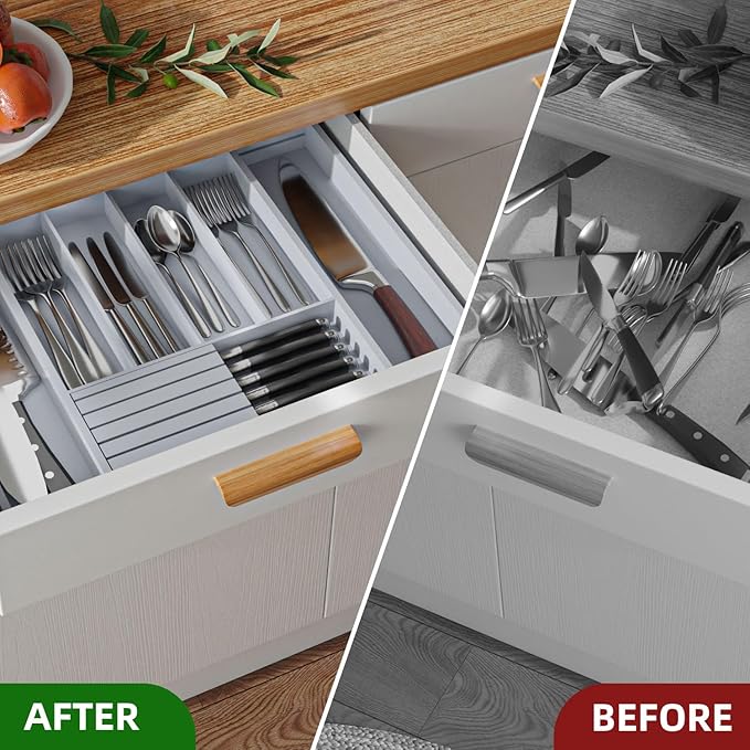 Large Utensil Drawer Organizer with Divider - Removable Kitchen Knife Holder Bamboo Adjustable Flatware Organizer for Drawer W12.8-20.2" x L16 x H2 (Grey)