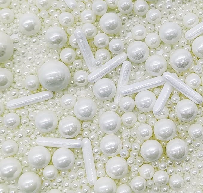 White Sprinkles Candy Mix Size Edible Pearls Cake Decorations Cupcake Toppers Cookie Decorating Perfect for Wedding Party Valentine Halloween Christmas Supplies 4.58OZ