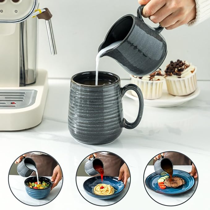 Hasense Porcelain Sugar and Creamer Set, 11 Oz Sugar Bowl with Lid and Spoon and 10 Oz Cream Pitcher, Farmhouse Coffee Sets for Serving, Dishwasher Safe, Grey