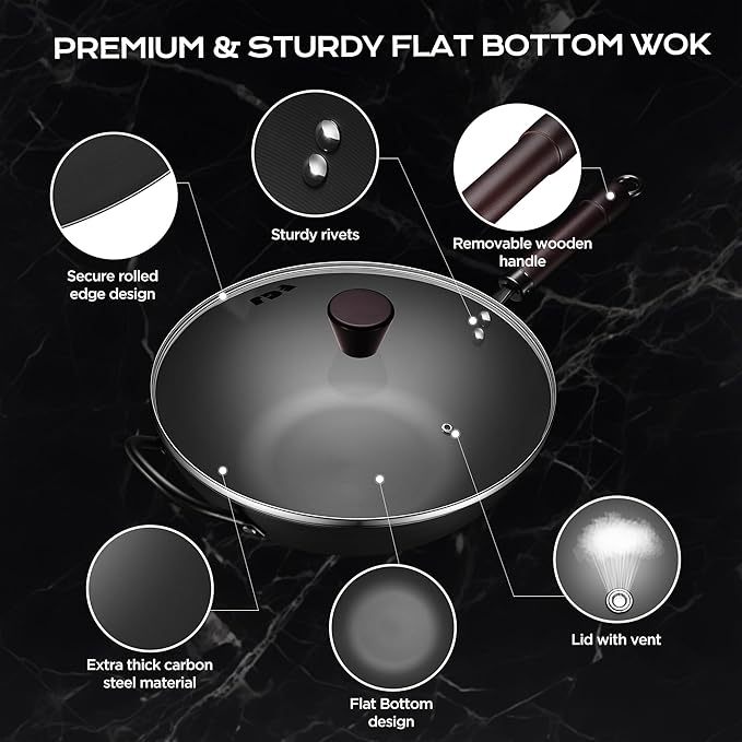 Wok, 13 Inch carbon steel woks & stir-fry pans nonstick, Pre-Seasoned 5.8QT Flat Bottom Chinese Wok Pan with lid, Carbon Steel Cookware, Compatible with All Cooktops