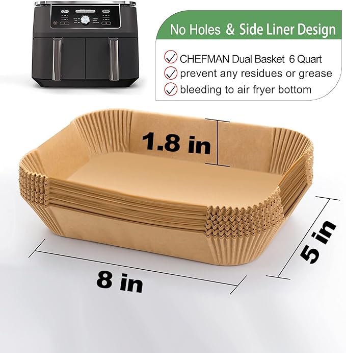 Rectangle Air Fryer Liners for Chefman double air fryer, Chefman Dual Liners Disposable, 200Pcs Heavy-duty Rectangular Parchment Paper Liner for COSORI 9Qt Double Air Fryer with 2 Baskets