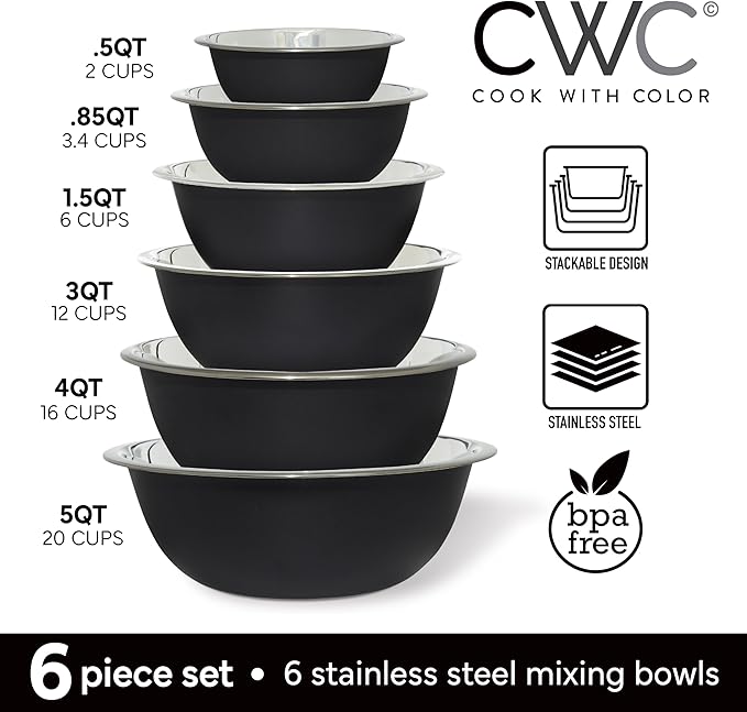 COOK WITH COLOR Stainless Steel Mixing Bowls Set - Nesting Bowls, 6 Pieces, Black