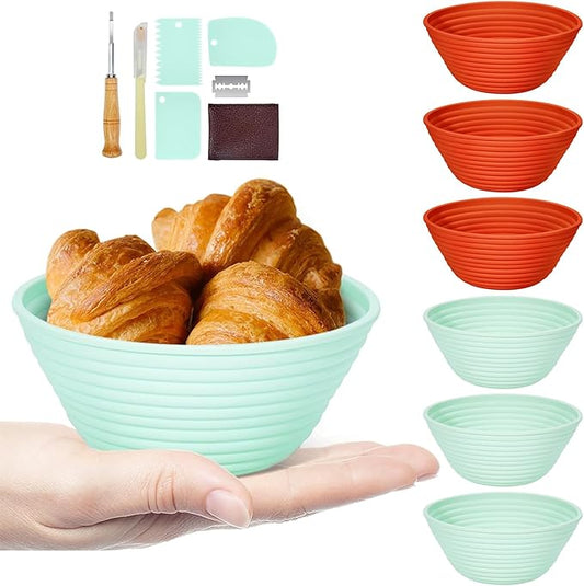 Silicone Banneton, Sourdough Bread Baskets (Set of 6, 5 Inch), Round Proofing Bread Bowls with Starter Kit, Bread Making Baking Supplies