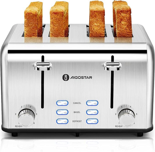 Aigostar Toaster 4 Slice 1.6" Wide Slot Stainless Steel Toasters with Bagel, Reheat, Cancel, Defrost Function, 6 Shade Settings, Removable Crumb Tray, 1550W, Best Rated Prime 4 Slice Toasters