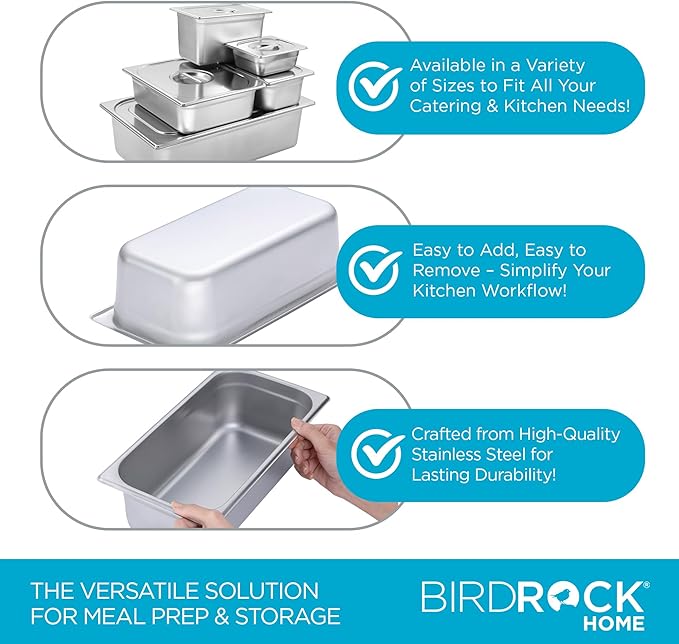 BIRDROCK HOME Stainless Steel Steam Table Pan - Hotel, Restaurant & Catering Supplies - 24 Gauge Steel, 4.1 qt Capacity - Meal Prep, Cooking, &Food Storage Container - 4" Depth, 1/3-Size (6 Pack)