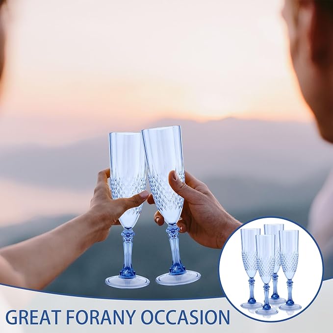 Plastic Champagne Flutes, 12PCS Blue Plastic Wine Glasses Goblets Reusable Champagne Flute for Weddings, Bachelor Parties, Toasting, and Events (12, Blue)