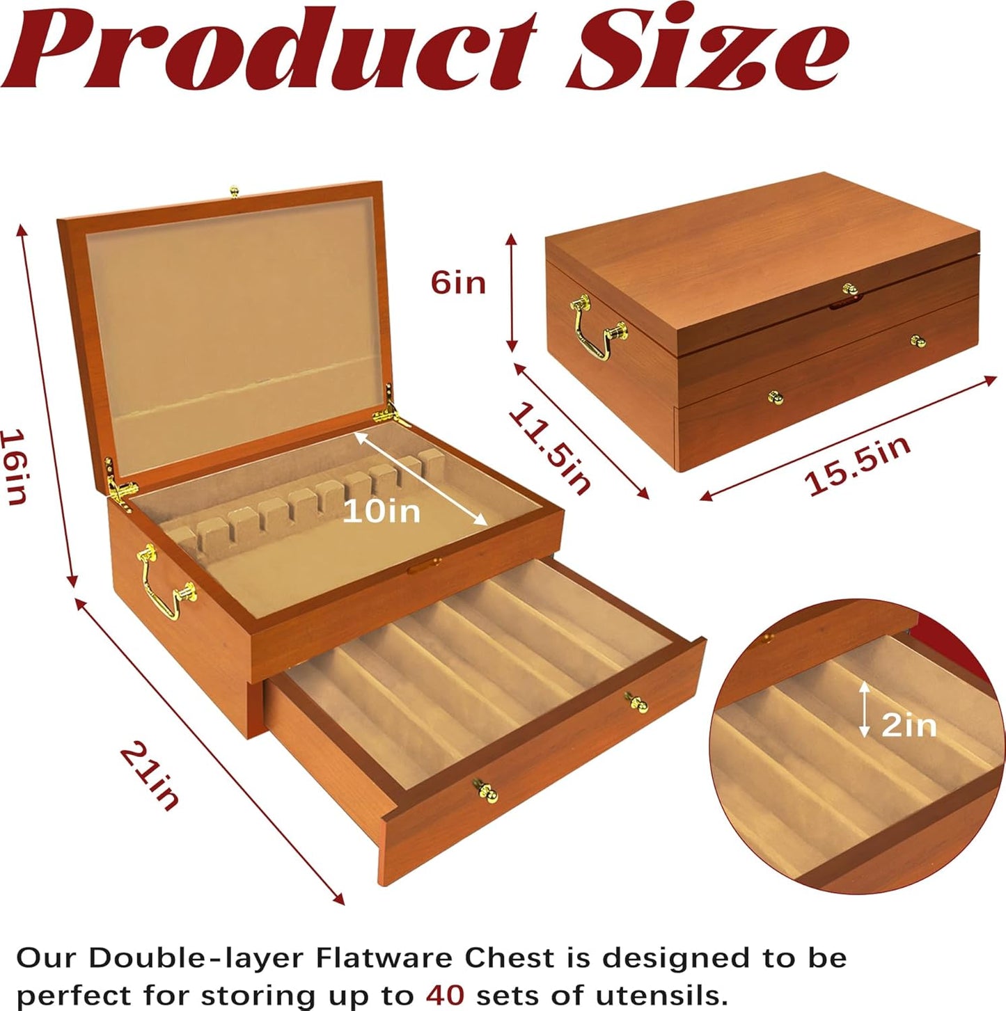 Silverware Storage Box Solid Wood with Lid, 2 Layer Silverware Storage Chest, 15.5'' ×11.5'' Silverware Organizer with Handle and Felt Lined, Chest for Flatware Setting Up 30