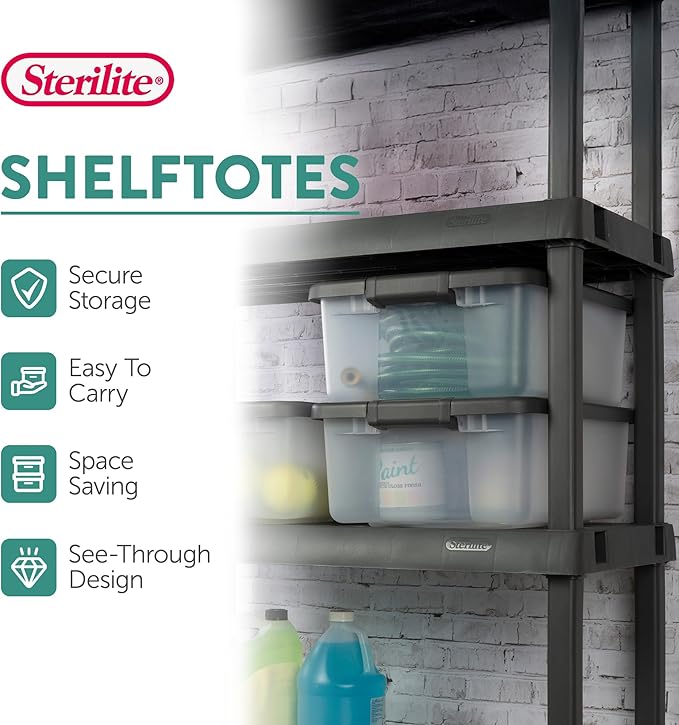 Sterilite 12-Pack ShelfTote, Clear Plastic Storage Bins with Lids, 25 Quart, Gray - Stackable Organizing Container Boxes for Closet, Bathroom, and Office