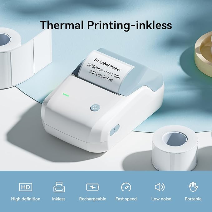 NIIMBOT B1 Label Maker Machine with Tape, 2 Inch Portable Sticker Printer for Home School & Small Business, Compatible with Phones & PC, Blue White