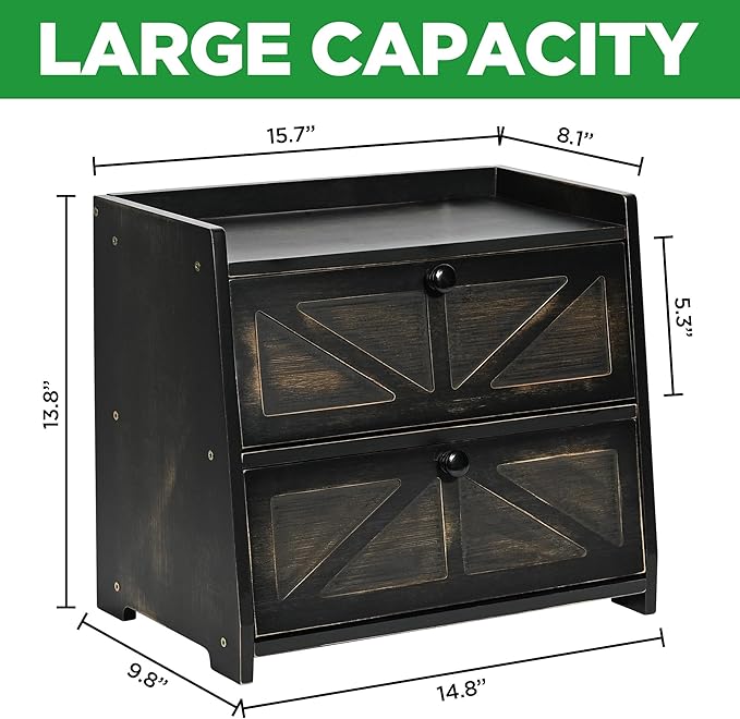 Ollieroo Vintage Double Layer Bread Box for Kitchen Countertop, Bamboo Bread Storage Container, Breadbox for Homemade Bread, Large Capacity Bread Bin(Black)