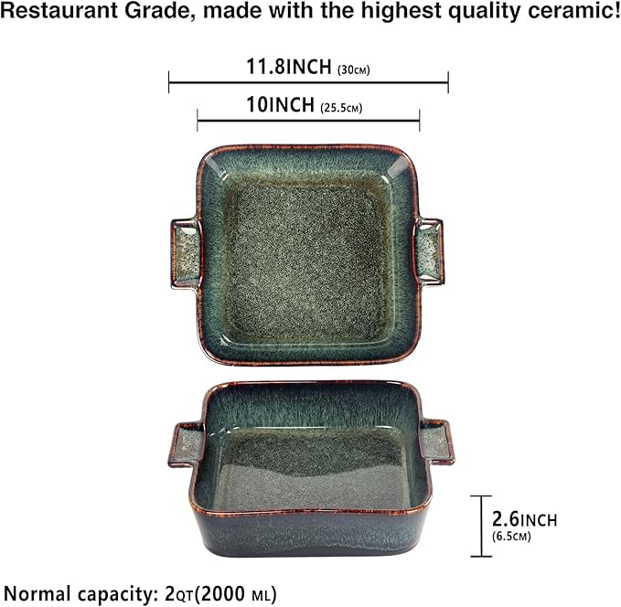 Ceramic Casserole Baking Dish, 2 Quarts Baking Dish for Oven, Lasagna Pans, Oven Safe Durable Bakeware for Kitchen Home Decor, Banquet and Dinner, Square 1 pieces, 9.5 x9.5 Inch