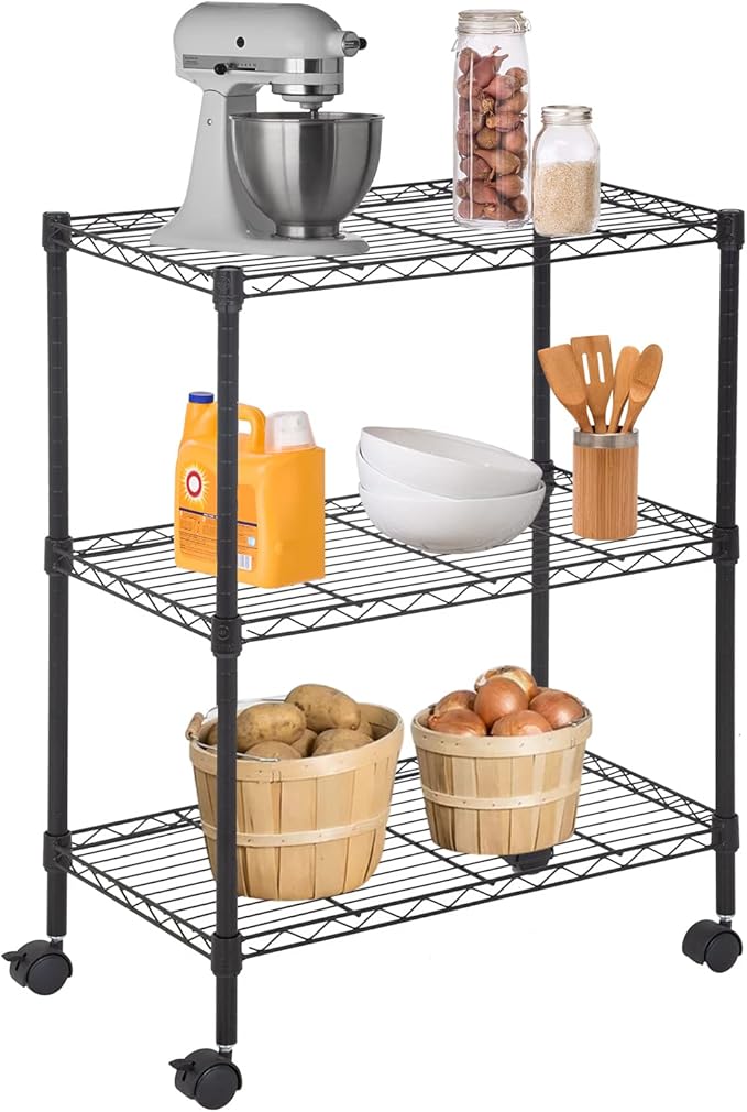 FDW Wire Shelving Metal Storage Shelves 23L x 13W x 32H 3 Tier Layer Storage Shelves with Wheels for Kitchen Garage Small Places,Black