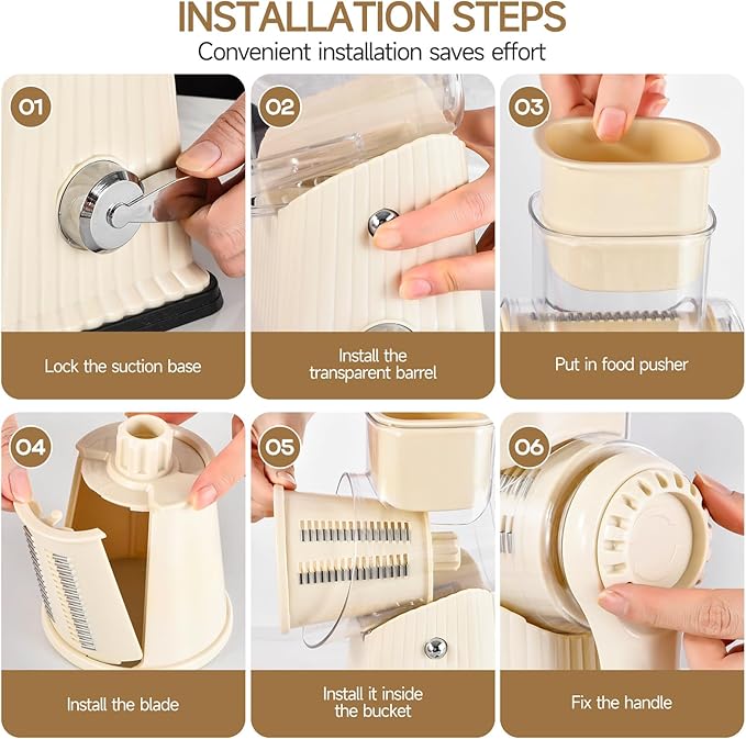 Xilrvna Rotary Cheese Grater, Vegetable Shredder 5 in 1 Cheese Grater with Handle edder Reinforced Suction,Easy to Clean,Kitchen Chopper for Crushed Ice,Fruits and Nuts with Blade Storage Case（white）