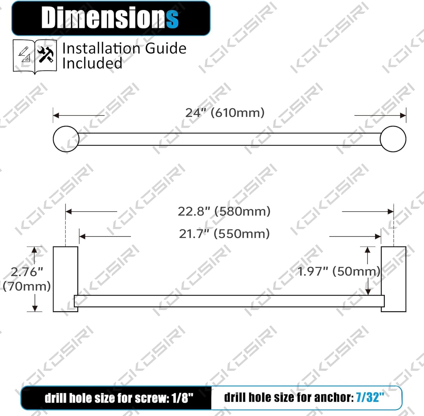 KOKOSIRI Towel Bar Black Bathroom Towel Rack Wall Mounted 24-Inch Single Rail for Lavatory Bathroom Hardware Accessory Stainless Steel, B4007BK-L24