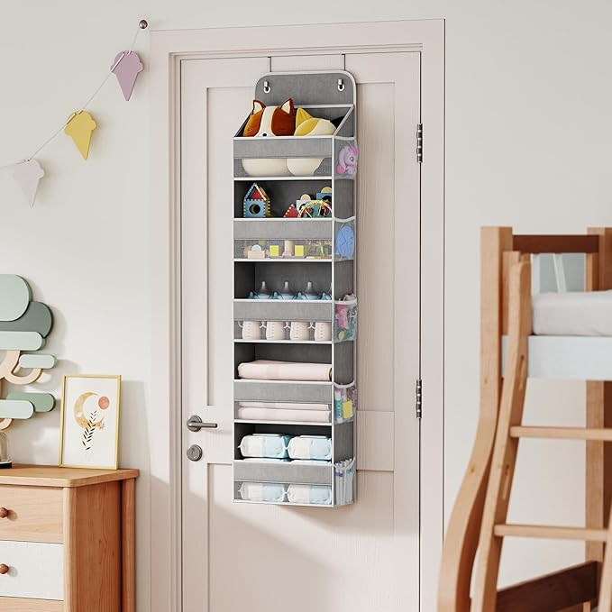 LAMU 2 Pack Over The Door Organizer Hanging with 5 Large Pockets and 10 Mesh Pockets, 44lb Over The Door Storage for Closet, Nursery and Bathroom, Behind The Door Storage with Clothes and Toys, Gray