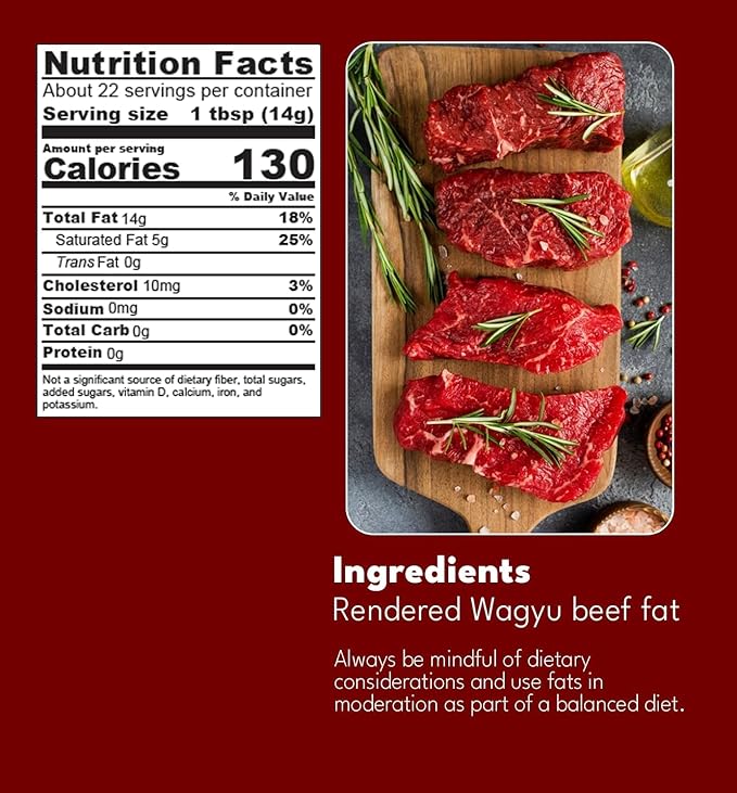 Wagyu Republic Beef Tallow ⎸11oz Glass Jar, Grass Fed Wagyu Beef Tallow, Great for Cooking Steak or as Tallow Balm ⎸ Keto, Gluten Free Protein Snacks for Adults, Perfect for Whole 30 or Carnivore Diet