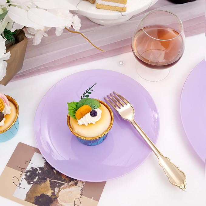 KIRE 60PCS Purple Plastic Plates Disposable - Heavy Duty Purple Plates Include 30Pcs 10.25” Dinner and 30Pcs 7.5” for Dessert/Salad - for Wedding/Bridal Shower