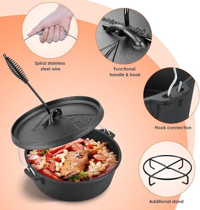 LIFERUN Dutch Oven Pot with Lid, 6.2 Quart Cast Iron Dutch Oven, without Feet, with Stand & Spiral-shaped Handle, Cast Iron Pot for Outdoor & Indoor