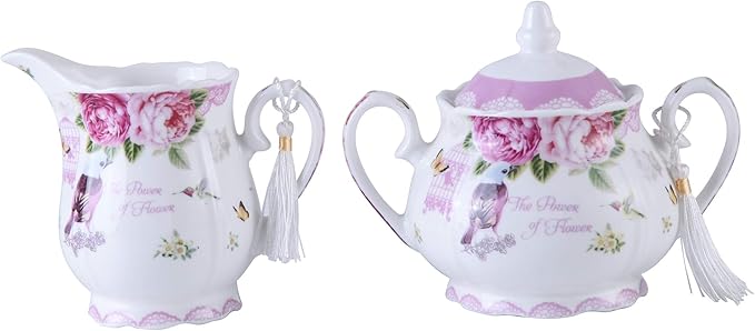 London Boutique Porcelain Teapot Sugar Bowl and Cream Milk Jug Shabby Chic Vintage Floral in Gift box 40oz (Cream & Sugar Set Bird Rose Butterfly)