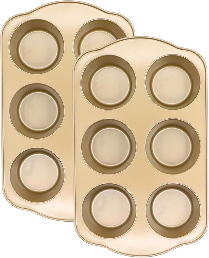 Jumbo Muffin Pan 2 Pack, Nonstick Large Cupcake Pan 6 Cup, Heavy Duty 0.5mm Thick Steel Big Muffin Tins for Baking, 3.5inch Dia, Gold