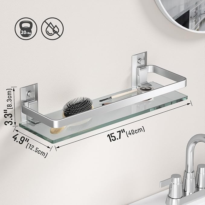 Danpoo Clear Tempered Glass Wall Shelf, Wall-Mounted Organizer for Bathroom, Kitchen(Matte Silver)