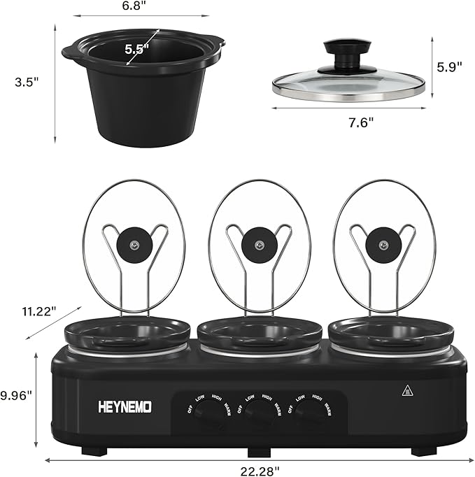 Triple Slow Cooker, 3 X 1.5QT Slow Cooker with 3 Cooking Settings, Buffet Servers and Warmers with Dishwasher-Safe Ceramic Pot, Glass Lid, Black