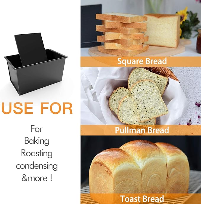 CHEFMADE Pullman Loaf Pan with Lid, 1Lb Dough Capacity Non-Stick Rectangle Flat Bread Pan, Carbon Steel Bakeware Toast Mold with Cover for Baking Bread - Black