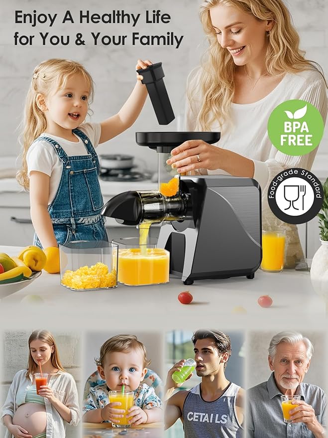 Cold Press Juicer for Celery Carrot Orange- Soft/Hard Fruits Vegetables, 250W Slow Juicer Machines BPA-Free,Reverse Function, Easy to Clean, with Big Cup,Pulp Container,Cleaning Brush