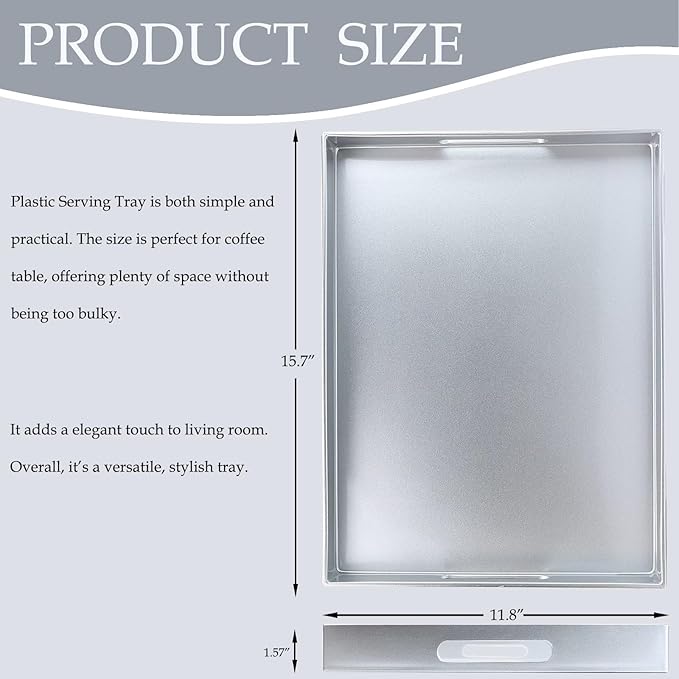 Spsyrine Silver Plastic Serving Tray for Ottoman, Coffee Table, Rectangle Decorative Tray for Entertaining, Outdoor, Living Room, Home Decor