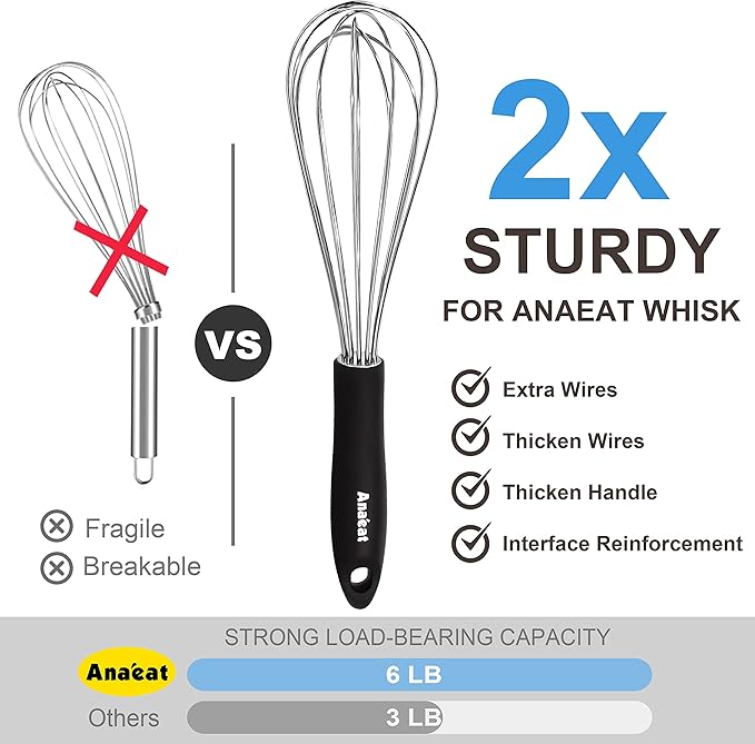 Anaeat Stainless Steel Kitchen Whisk Set of 4, Milk and Egg Beater Blender with Thick Wire for Whisking, Cooking, Baking, Beating and Stirring - 11'' Flat Whisk and 8.5''+10.5''+12'' Balloon Whisks