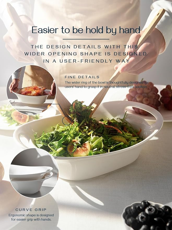 DOWAN Large Serving Bowls with Handles, 60 OZ Oval Serving Platter for Turkey, Fruit Salad Serving Dishes for Entertaining, Porcelain Pasta Bowls for Mother's Day, Parties, Set of 2, Soft White