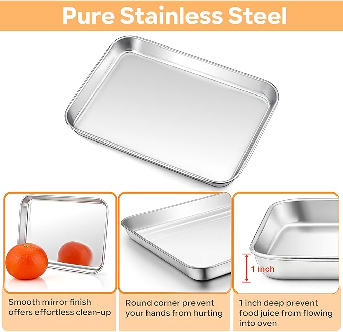 TeamFar Toaster Oven Pan with Rack Set, 10.5 x 8 x 1 Inch Stainless Steel Small Baking Pan Tray with Grid Rack for Baking Roasting Cooling, Non-Toxic & Heavy-Duty, Dishwasher Safe, (2 Pans + 2 Racks)
