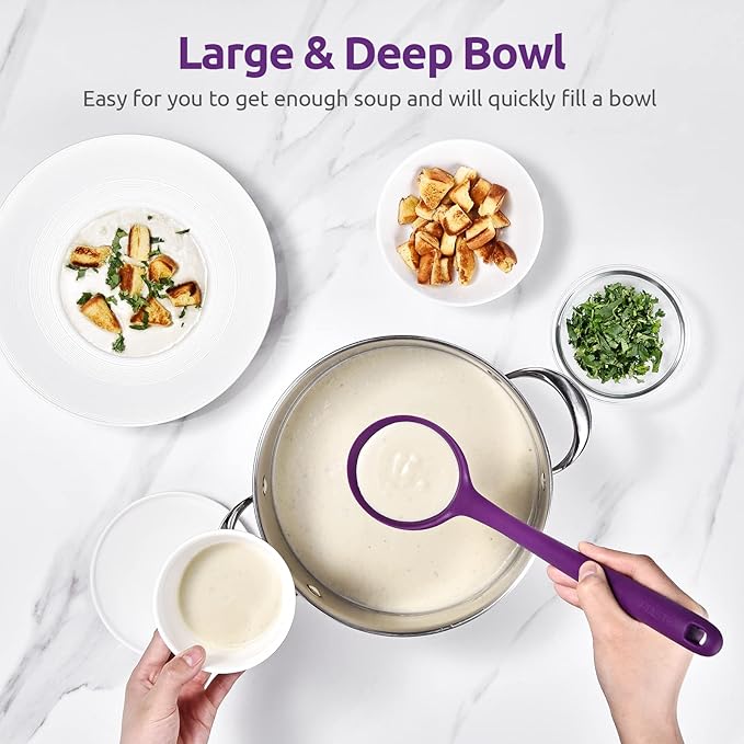 13 inch Silicone Soup Ladle: U-Taste 600ºF Heat Resistant 4 oz Large Non-stick Seamless Rubber Kitchen Deep Serving Spoon with Non-slip Solid Long Handle for Cooking Sauce/Stews/Gravies/Chili(Purple)